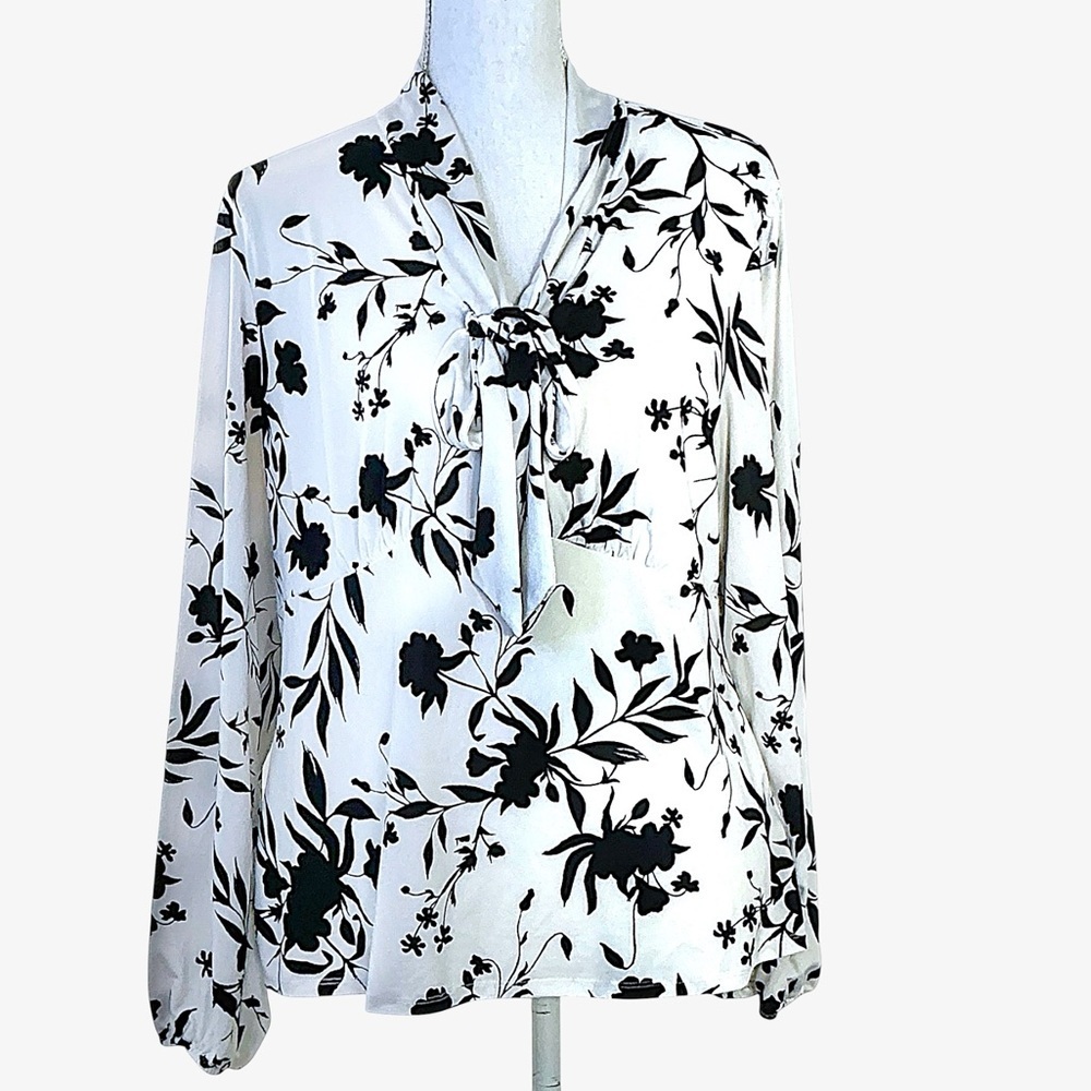 AUW Tie Front Blouse Long Sleeve Bold Floral Black White Women's Top Size XL - Picture 2 of 16
